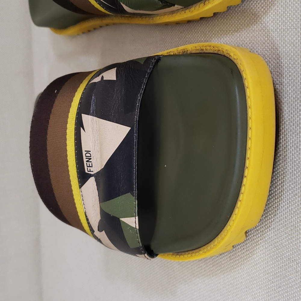 Fendi Olive Green Yellow Brown Patterned Slide Sandals - Picture 3 of 9
